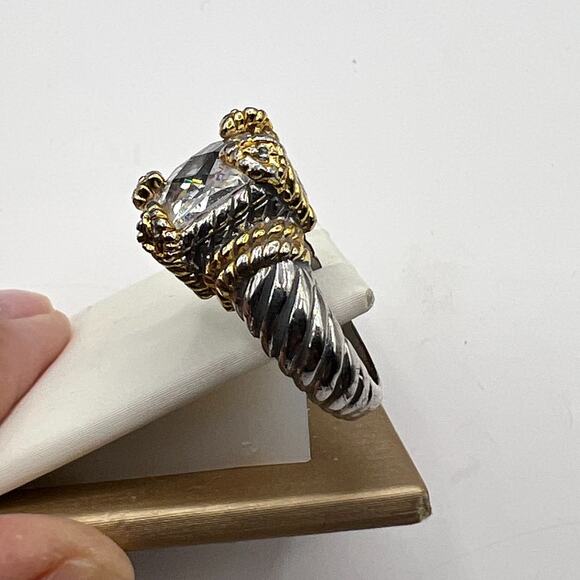 2 Tone Sterling Silver Cable Ring with CZ and Gold Tone Heart Stations Size 6 - Picture 3 of 5